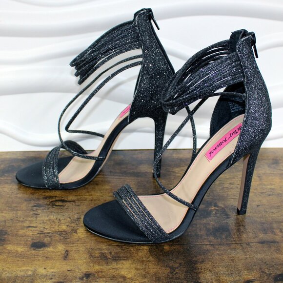 BETSEY JOHNSON KORA Size 8 Black Glitter Heels Pumps Open Toe Strappy Party - Picture 3 of 6